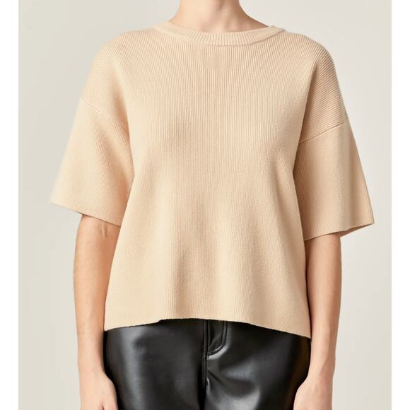 English Factory Ribbed Collar Knit Elbow Half Sleeves Sweater Top Beige L - Picture 8 of 11